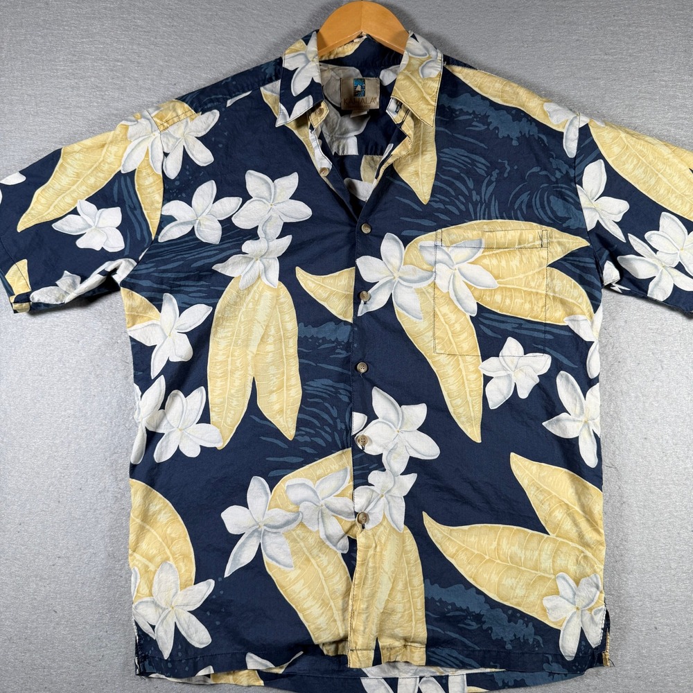 Kahala Mens Cotton Lawn Hawaiian Aloha Shirt Navy Blue Yellow Floral Medium